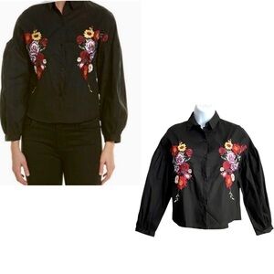 Haute Rouge Black Floral Blouse M/L Cropped Button-up Cotton Boho Embroidered
